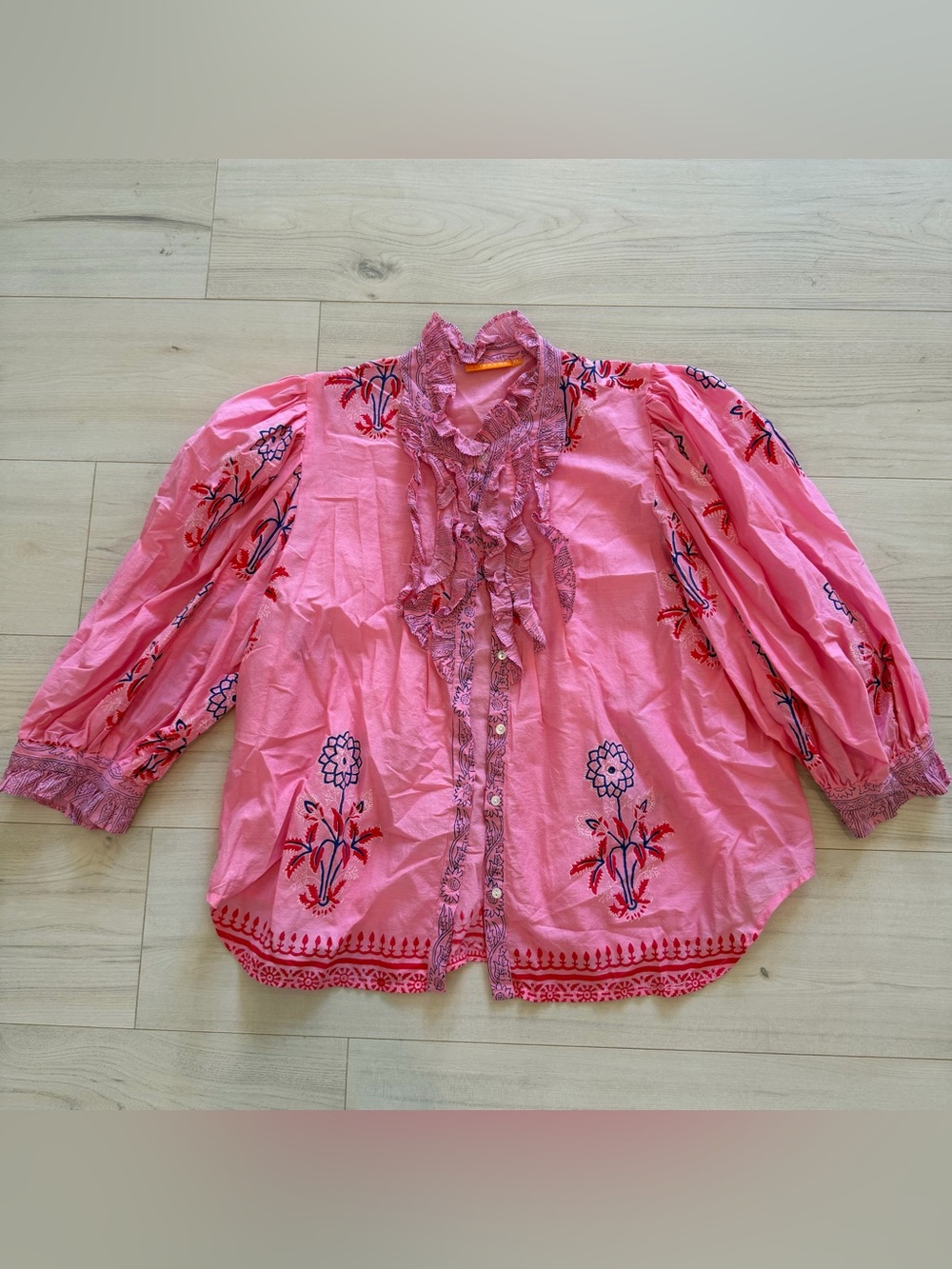 Oliphant Pink Embroidered Ruffle Front Blouse
